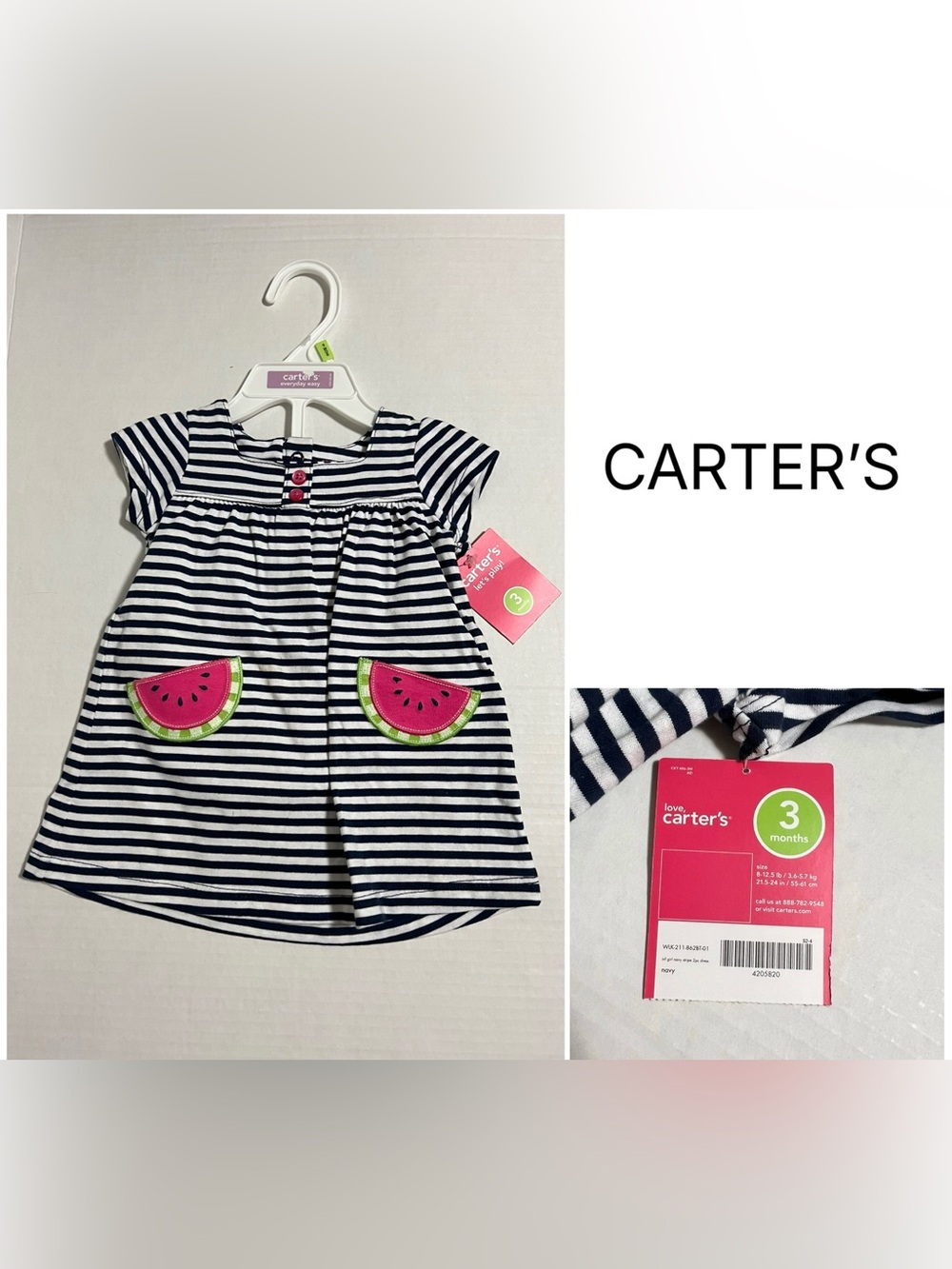 CARTER’S - 3M - NWT - INFANT GIRLS WATERMELON STRIPE DRESS